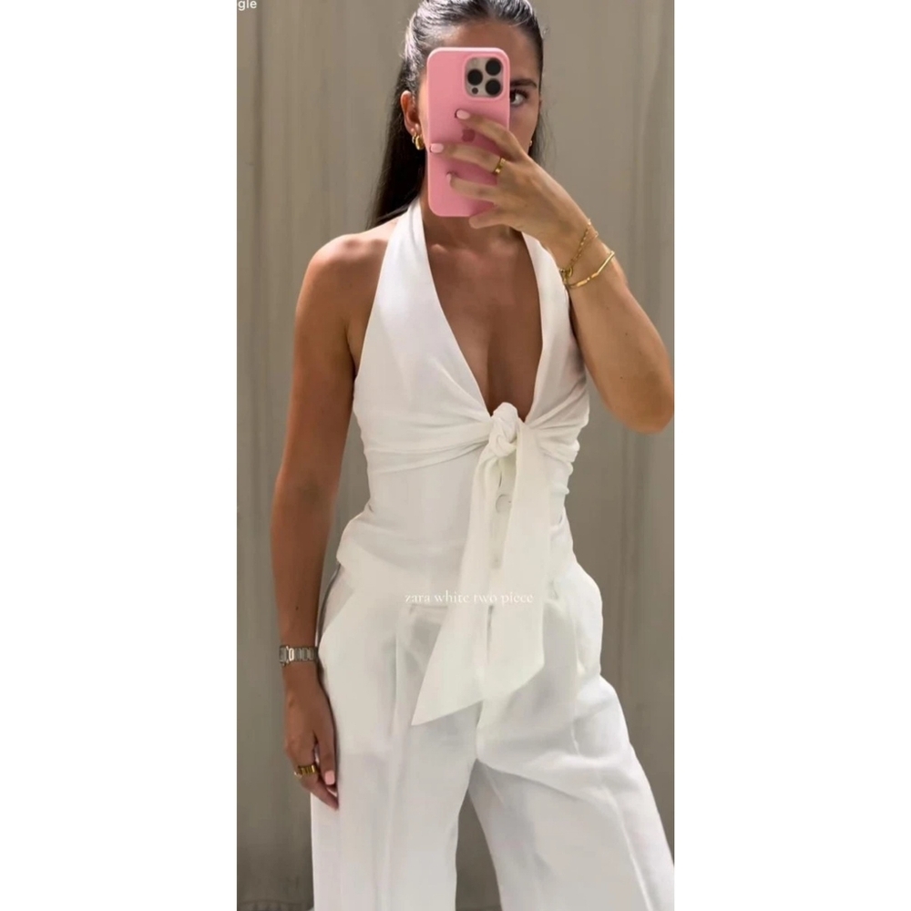 Zara Halter Button Front Blouse With Ties